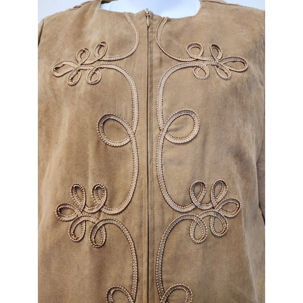 BFA Classics Blazer Jacket Women 8 Tan Zip Up Faux Suede Embroidered - Picture 3 of 10
